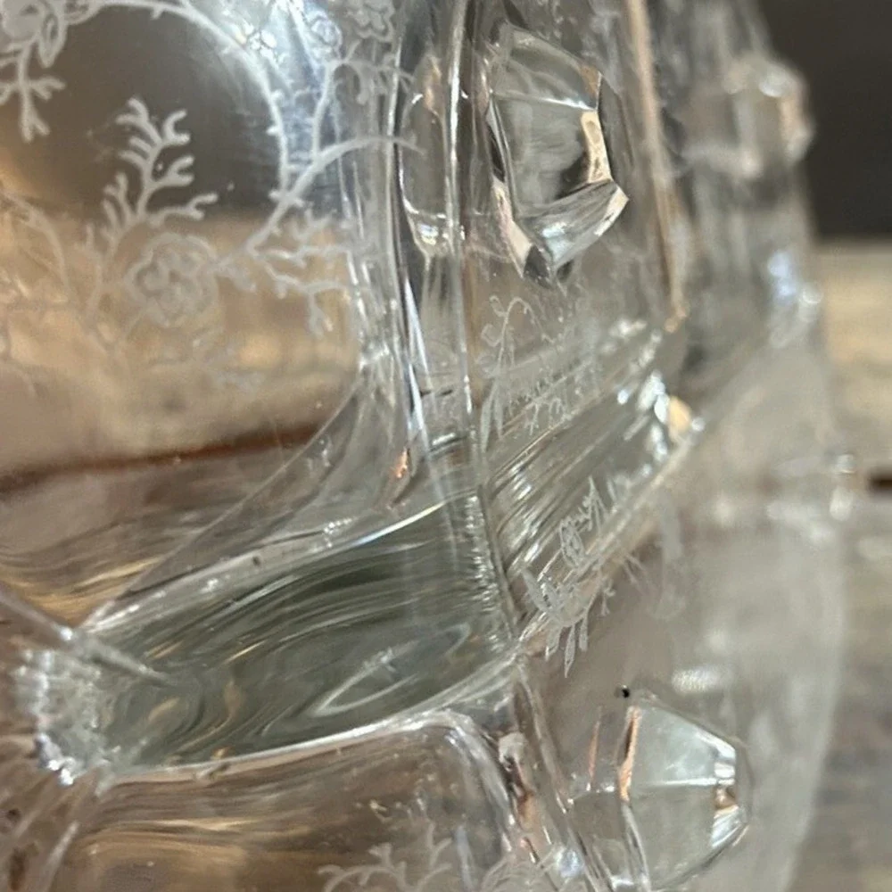 Fostoria Chintz Baroque Etched Floral Clear Glass Dish 3 Section Divided Tray
